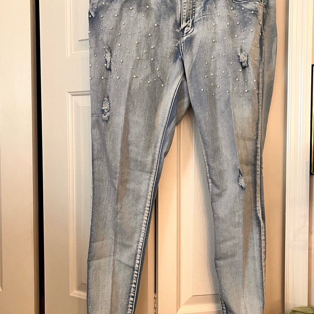 Stylish V.I.P. Jeans. Pearl embellished Light Blue Distressed Women's Jeans.
